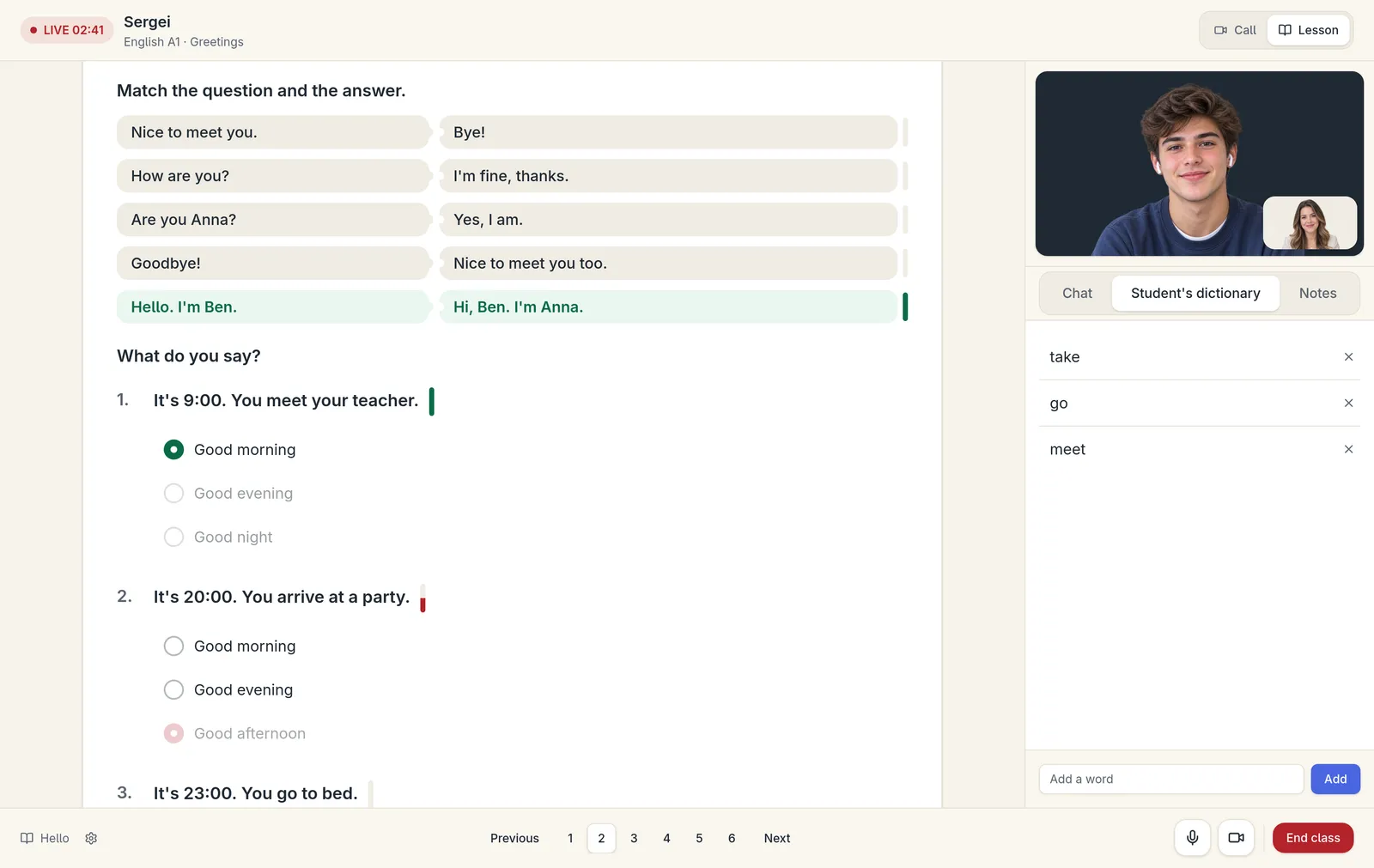 Unclass live classroom in lesson mode